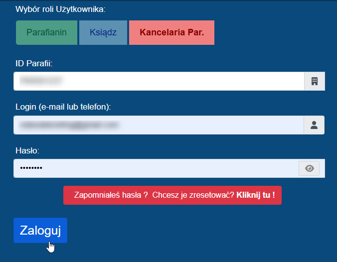 Fragment ekranu strony logowania Administratora w Aplikacji Wspierającej Parafie - login i hasło