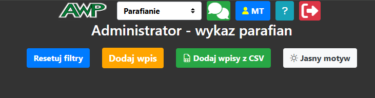 Panel przycisków akcji w wykazie parafian