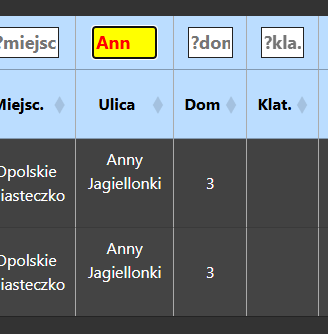 Pola wyszukiwania nad kolumnami tabeli