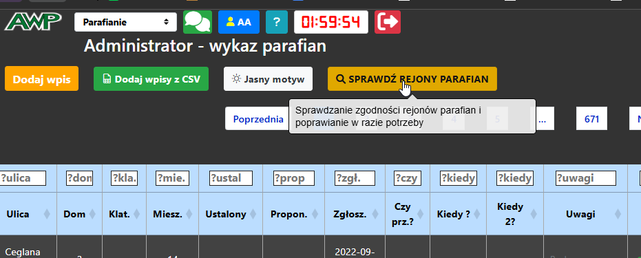 Przycisk sprawdzania rejonów na stronie z wykazu parafian