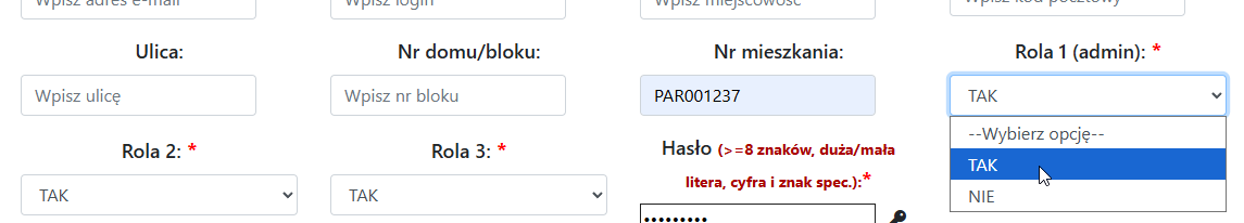 Role - wybór TAK/NIE