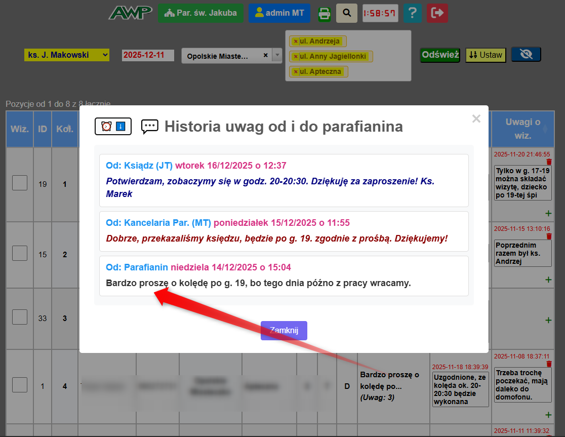 Okno szczegółów z pełną historią
