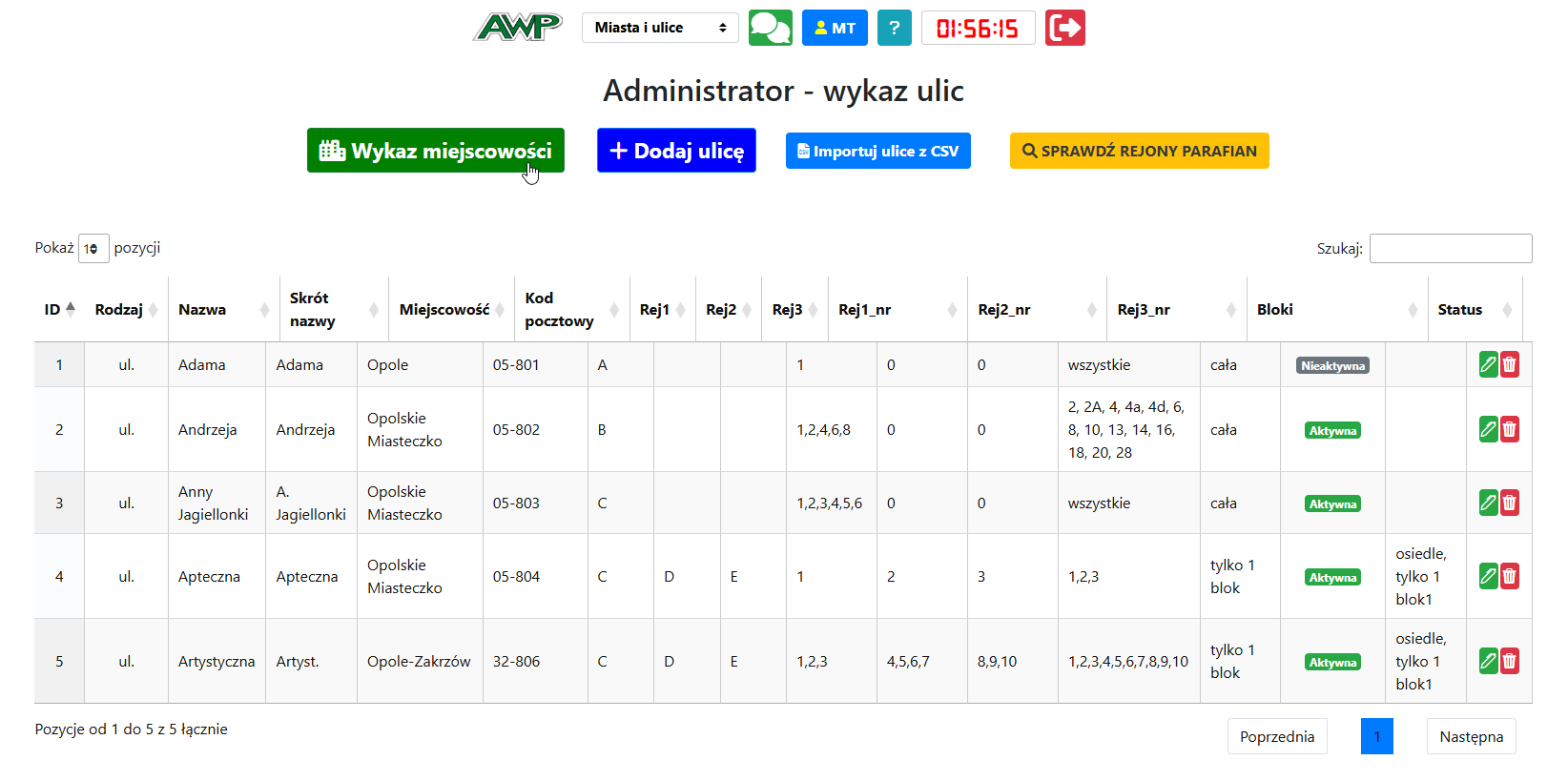 Panel główny wykazu ulic