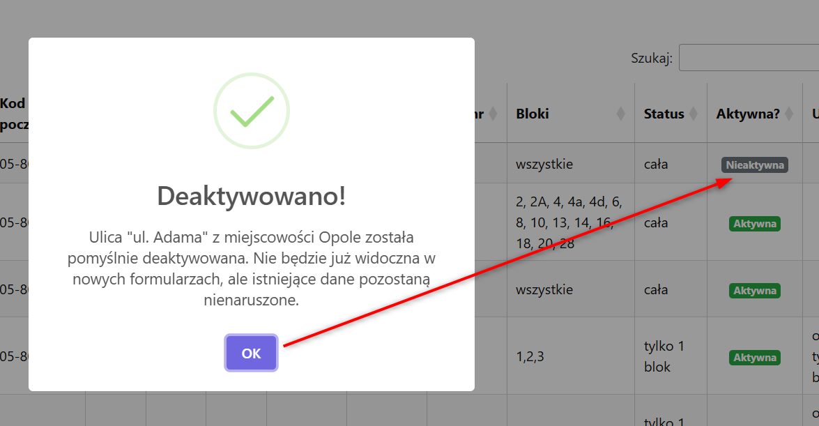 Info o deaktywacji ulicy