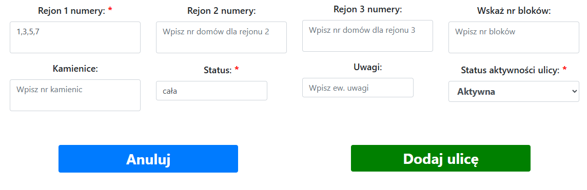 Sekcja statusu i szczegółów ulicy