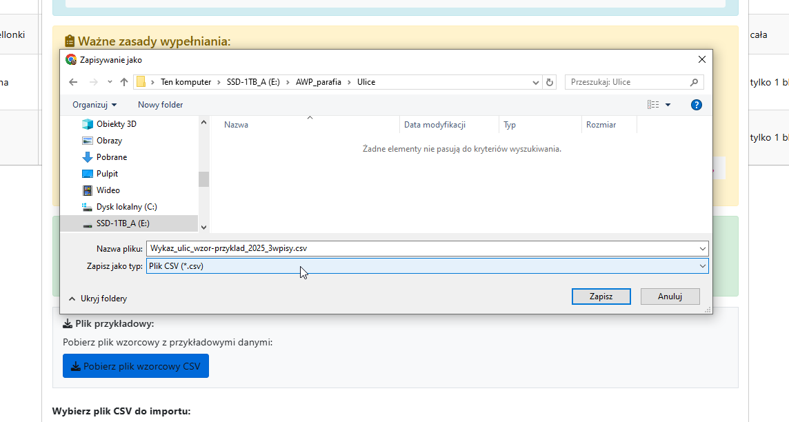 Okno zapisu pliku CSV