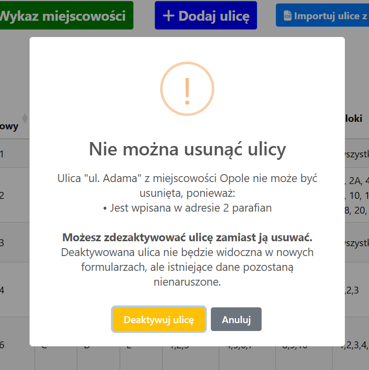 Dialog potwierdzenia usunięcia ulicy