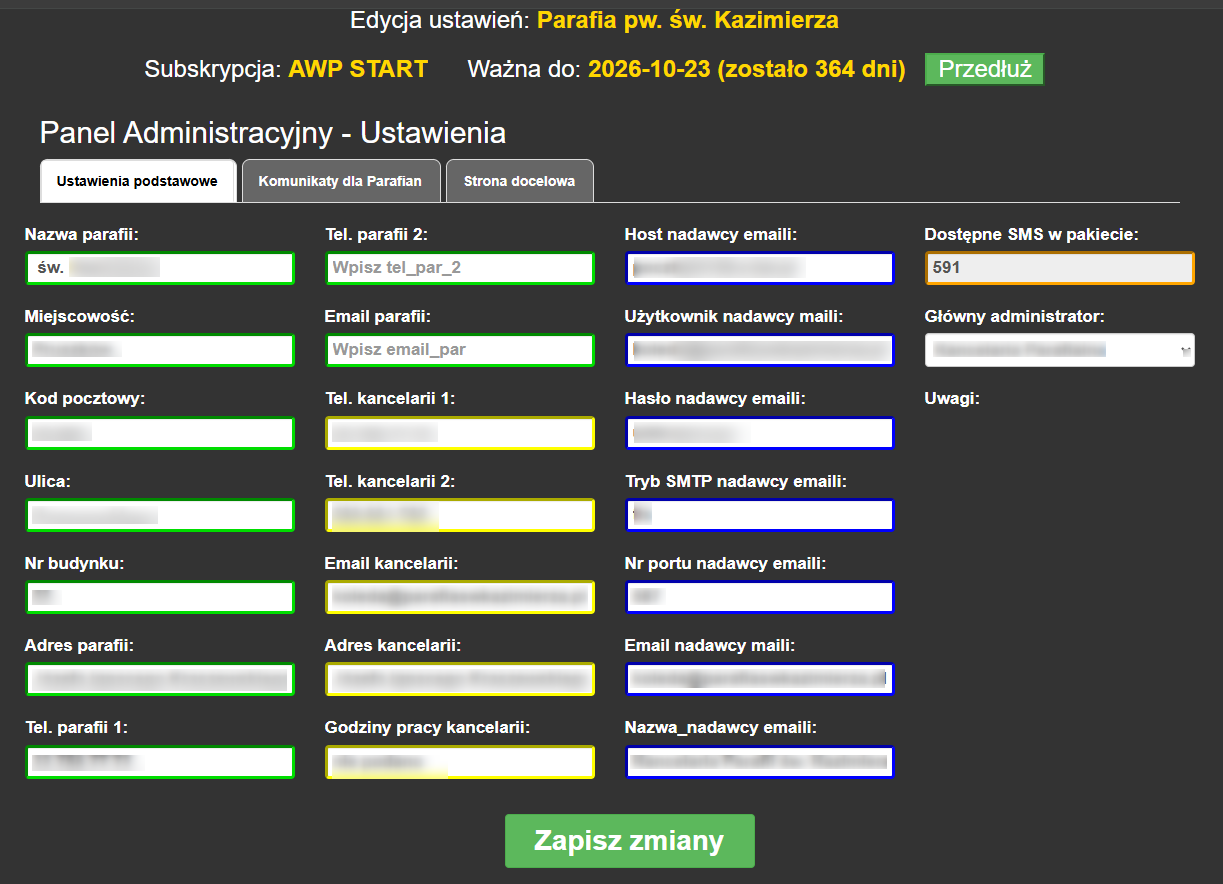 Panel ustawień z 3 zakładkami