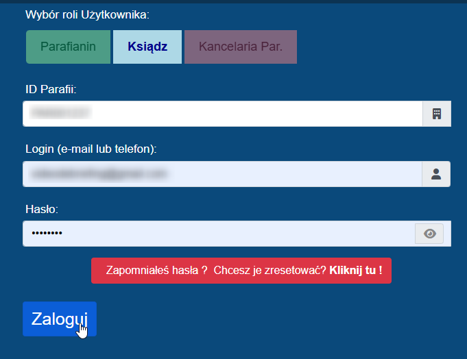 Fragment ekranu strony logowania Księdza w Aplikacji Wspierającej Parafie - login i hasło