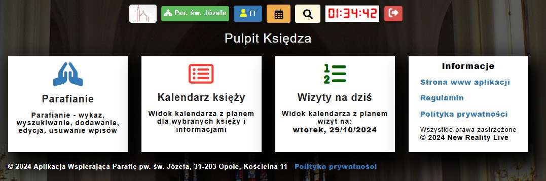 Zrzut ekranu pulpitu Księdza w Aplikacji Wspierającej Parafie