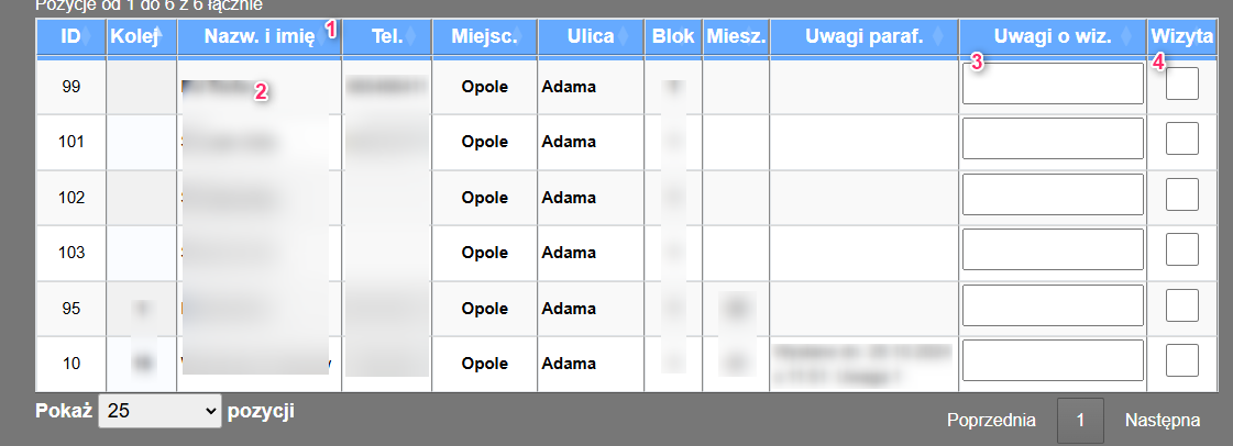 Zrzut ekranu tabeli z wizytami