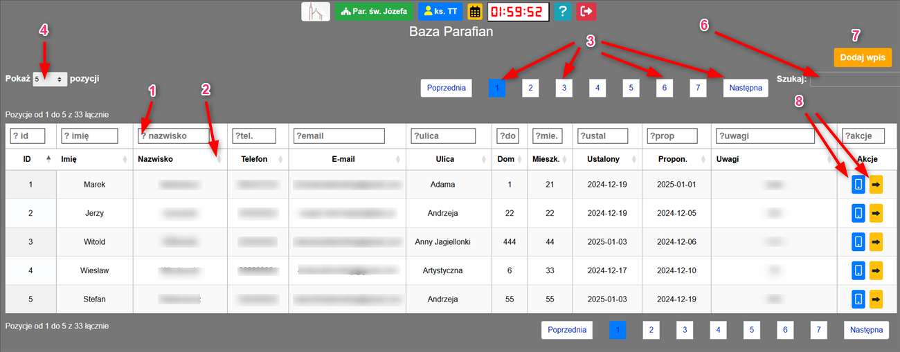 Zrzut ekranu głównego widoku bazy parafian