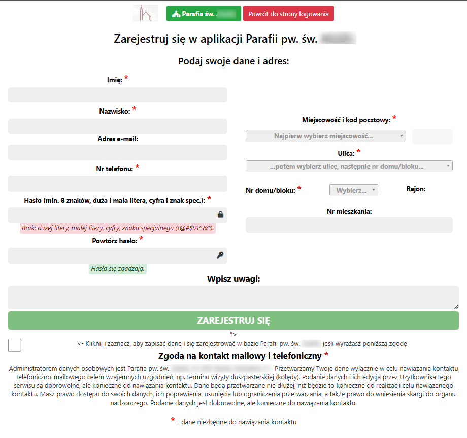 Strona z formularzem rejestracyjnym Parafianina